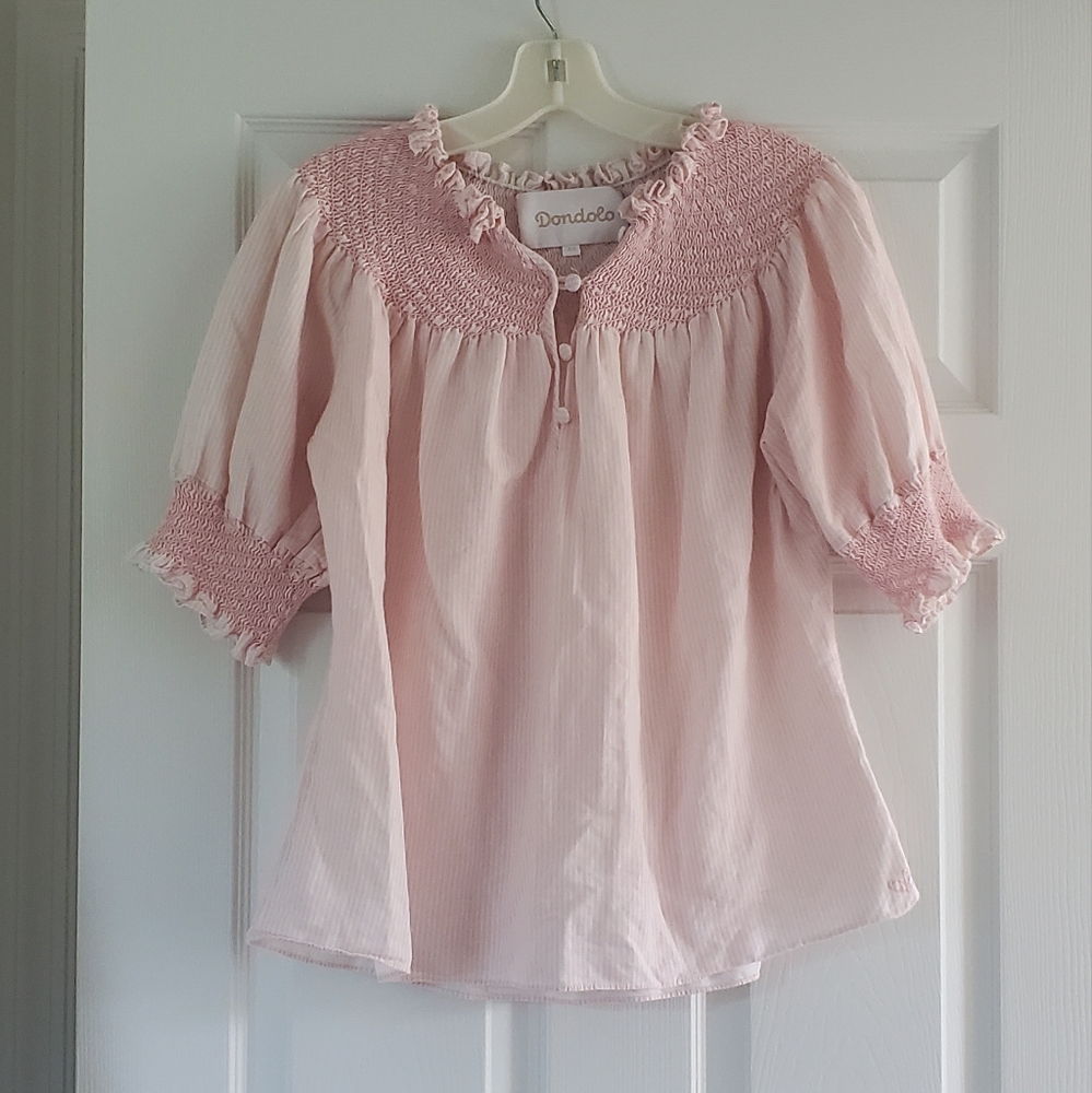 Dondolo womens linen pink and white stripe smocked top XS